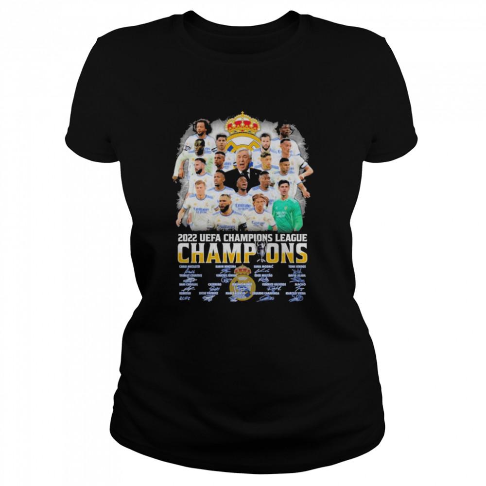 Real Madrid Team 2022 UEFA Champions League Champions Benzema and Modric and Kross Signautres Classic Women's T-shirt