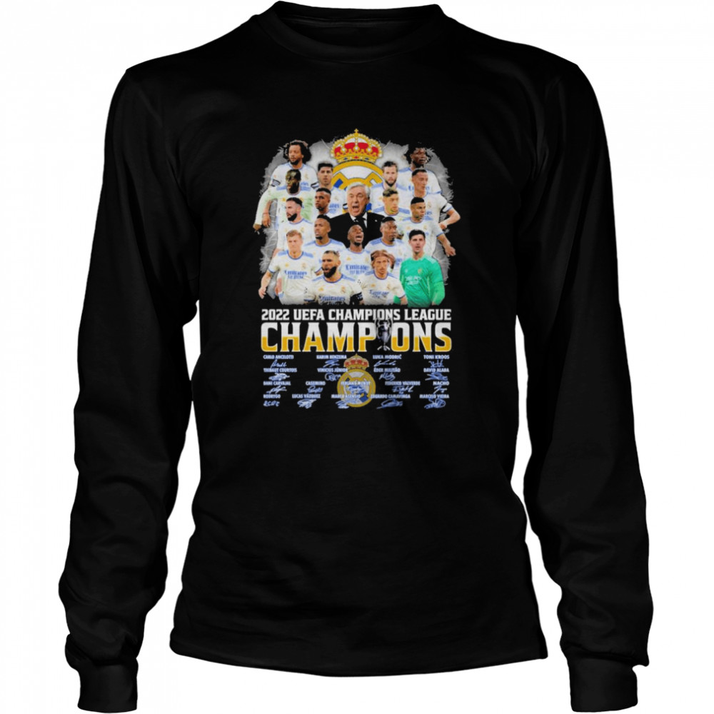 Real Madrid Team 2022 UEFA Champions League Champions Benzema and Modric and Kross Signautres Long Sleeved T-shirt