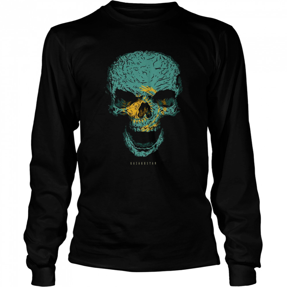 Skull with Kazakhstan Flag Skeleton Kazakhstani Roots Long Sleeved T-shirt