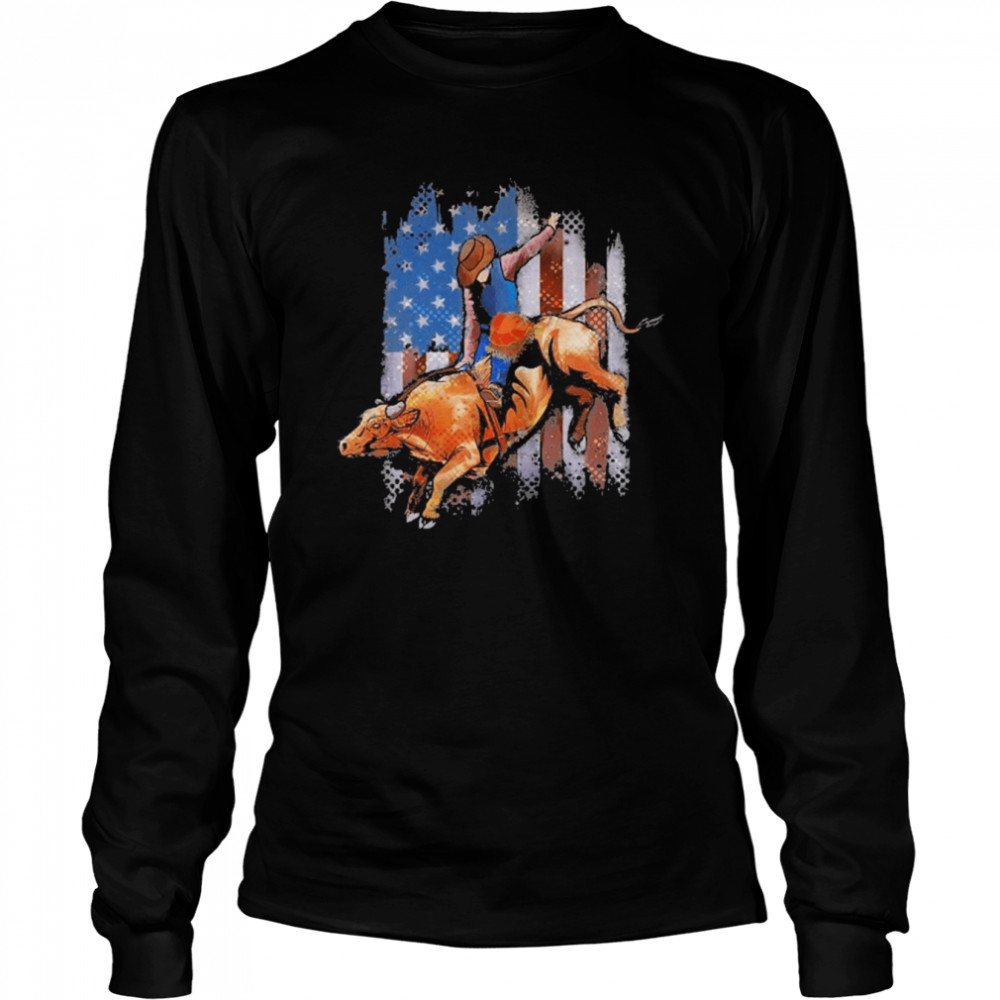 Rodeo Bull Riding American Flag Long Sleeved T-shirt