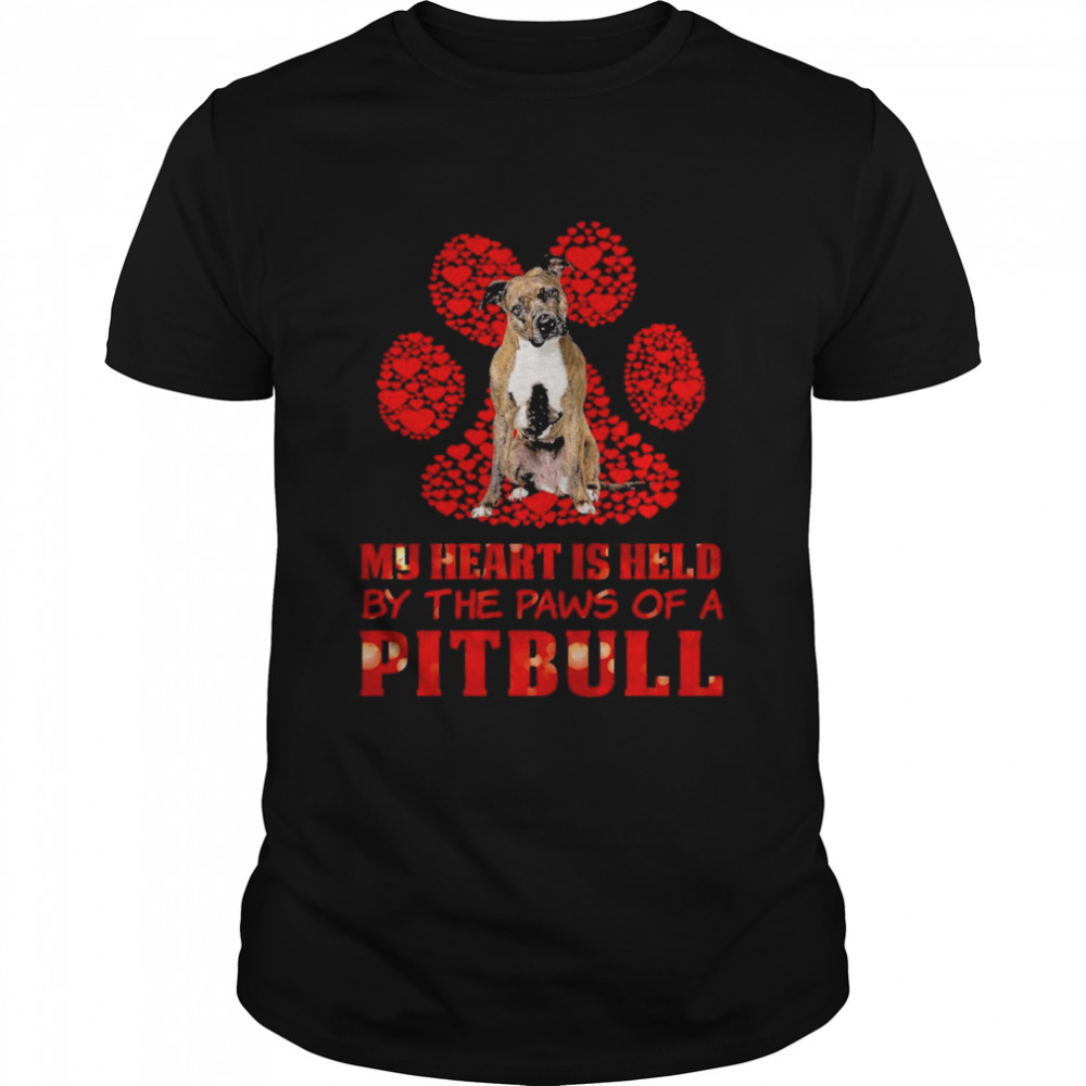 My Heart Is Held By The Paws Of A Brindle Pitbull Red Paws Dog Shirt