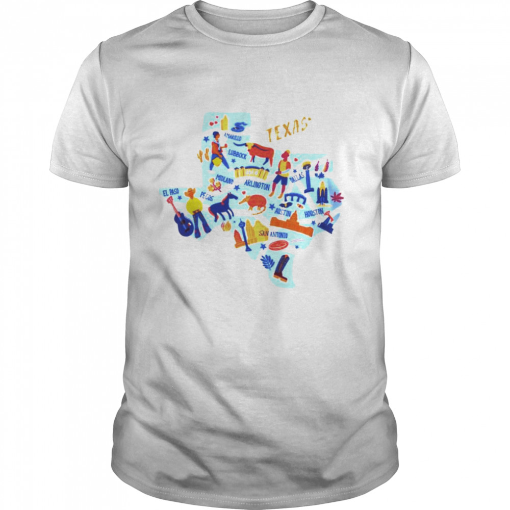 Texas map with landmarks icons set traditional symbols shirt