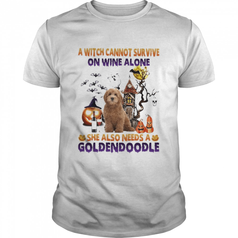 A Witch cannot survive on wine alone she also needs a Red Goldendoodle Halloween shirt