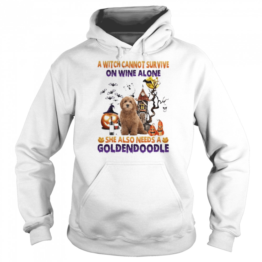 A Witch cannot survive on wine alone she also needs a Red Goldendoodle Halloween shirt Unisex Hoodie