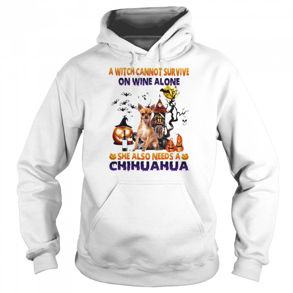 A Witch cannot survive on wine alone she also needs a Tan Chihuahua Halloween shirt Unisex Hoodie