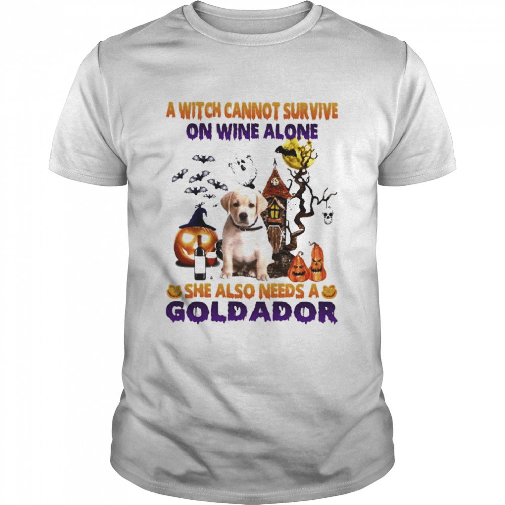 A Witch cannot survive on wine alone she also needs a Yellow Goldador Halloween shirt