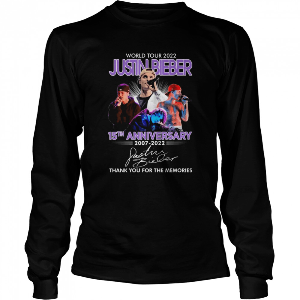 Justin Bieber World Tour 2022 15th Anniversary 2007-2022 Thank You For The Memories Signatures Long Sleeved T-shirt