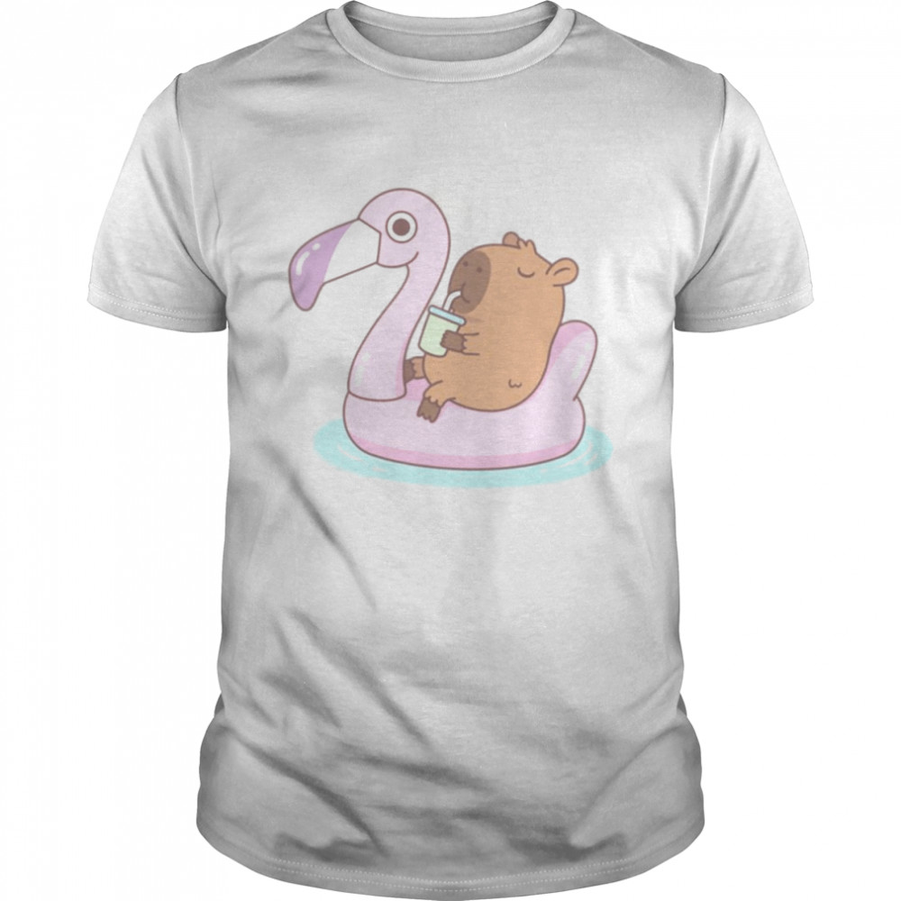 Capybara Chilling On Pink Flamingo Pool Float shirt Classic Men's T-shirt