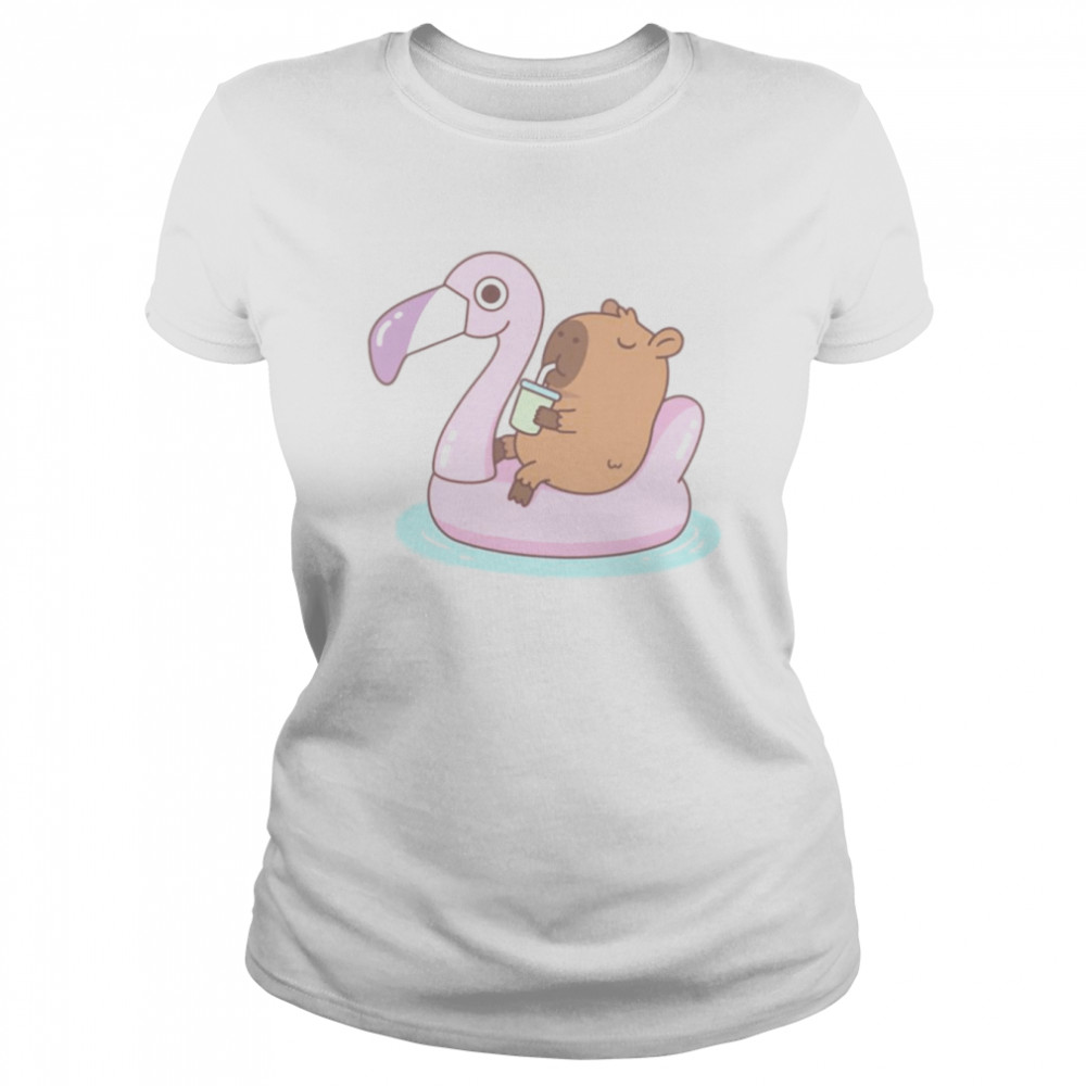 Capybara Chilling On Pink Flamingo Pool Float shirt Classic Women's T-shirt