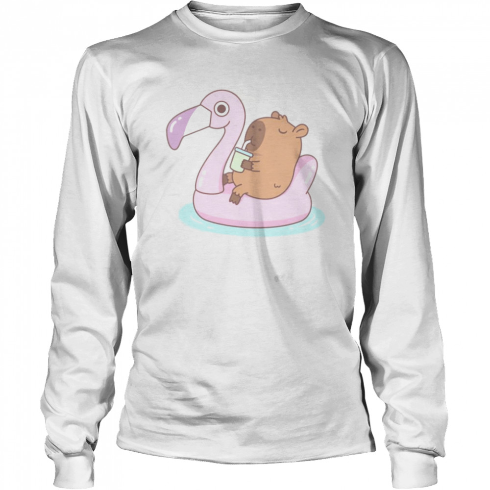 Capybara Chilling On Pink Flamingo Pool Float shirt Long Sleeved T-shirt