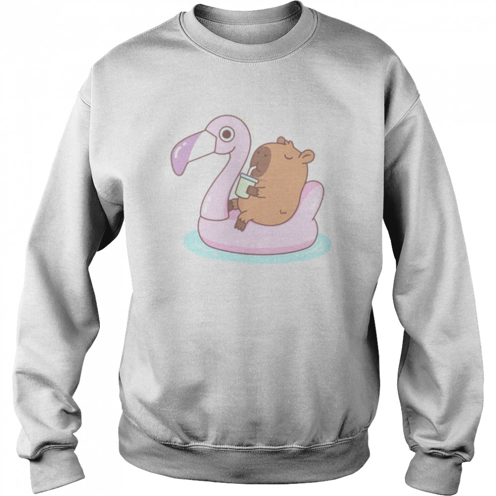 Capybara Chilling On Pink Flamingo Pool Float shirt Unisex Sweatshirt