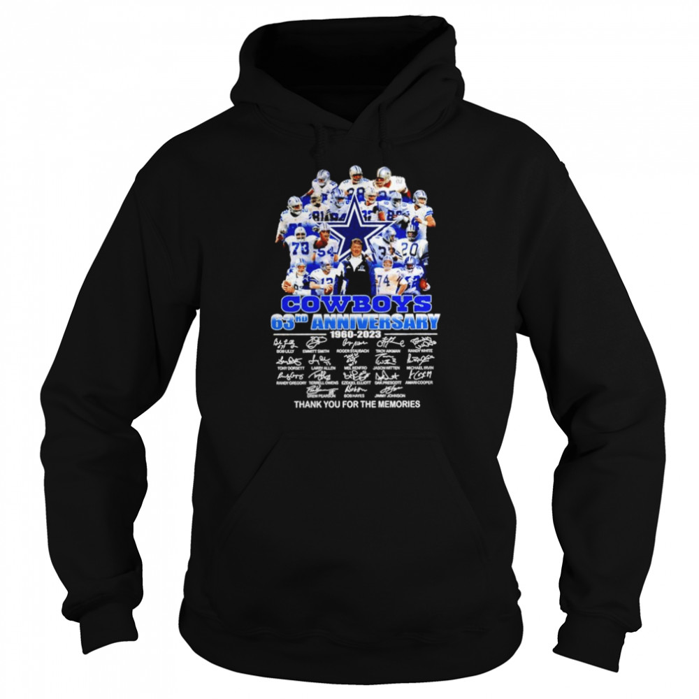 Design dallas Cowboys 63rd Anniversary 1960-2023 Signatures Thank You For  The Memories Shirt, hoodie, sweater, long sleeve and tank top