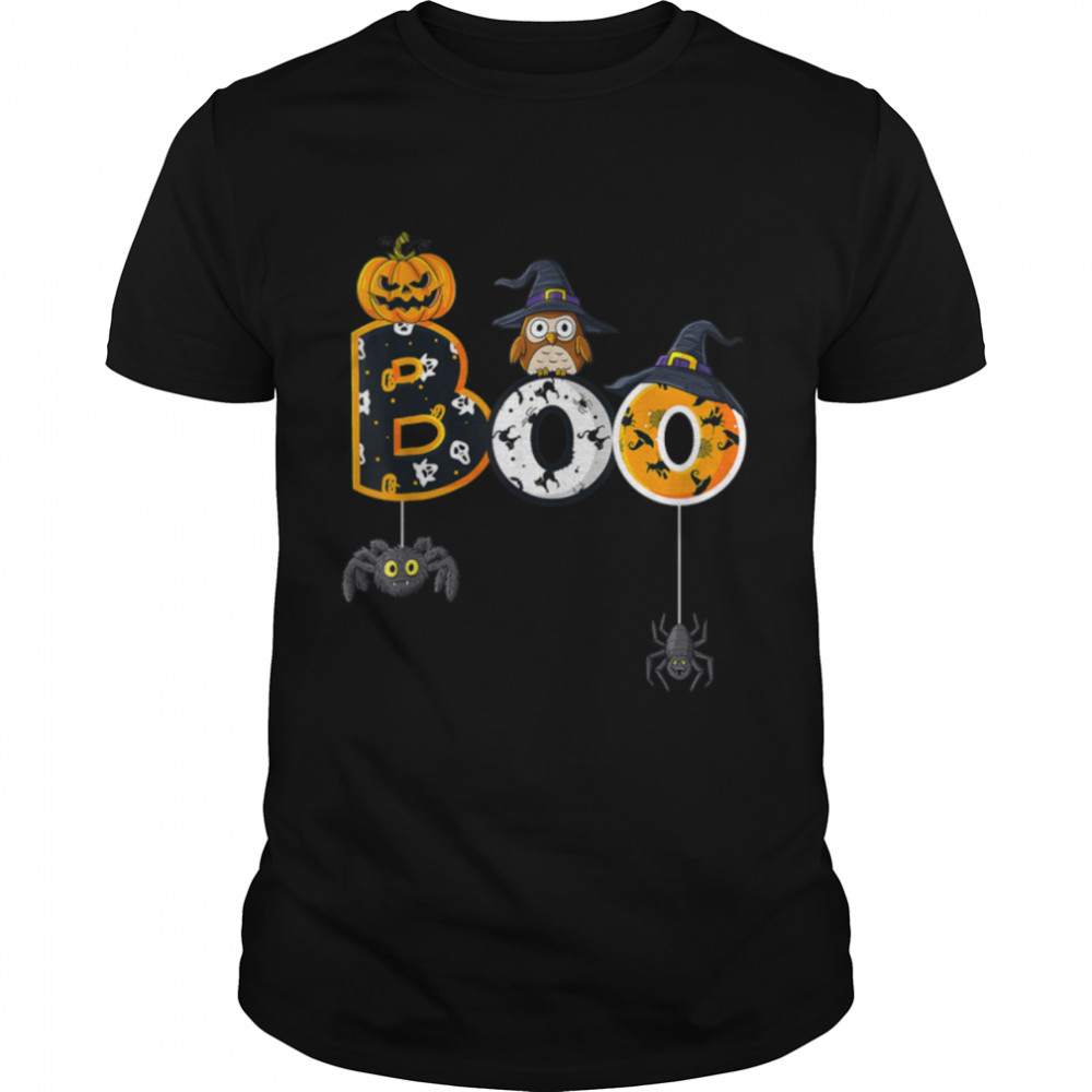 Halloween Boo Owl With Witch Hat Spiders Boys Girls Kids T-Shirt B0BBH72BG4