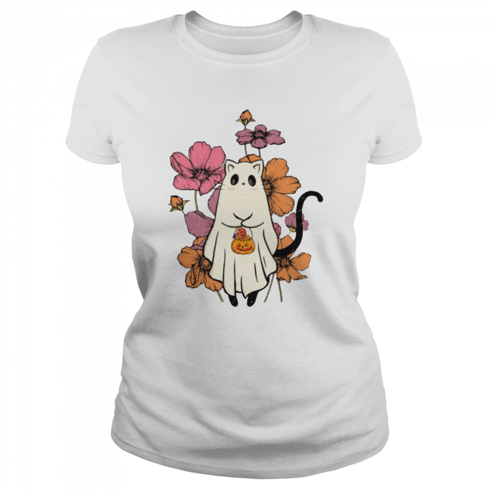 Halloween Trick Or Treat Ghost Cat With Flowers shirt Classic Women's T-shirt