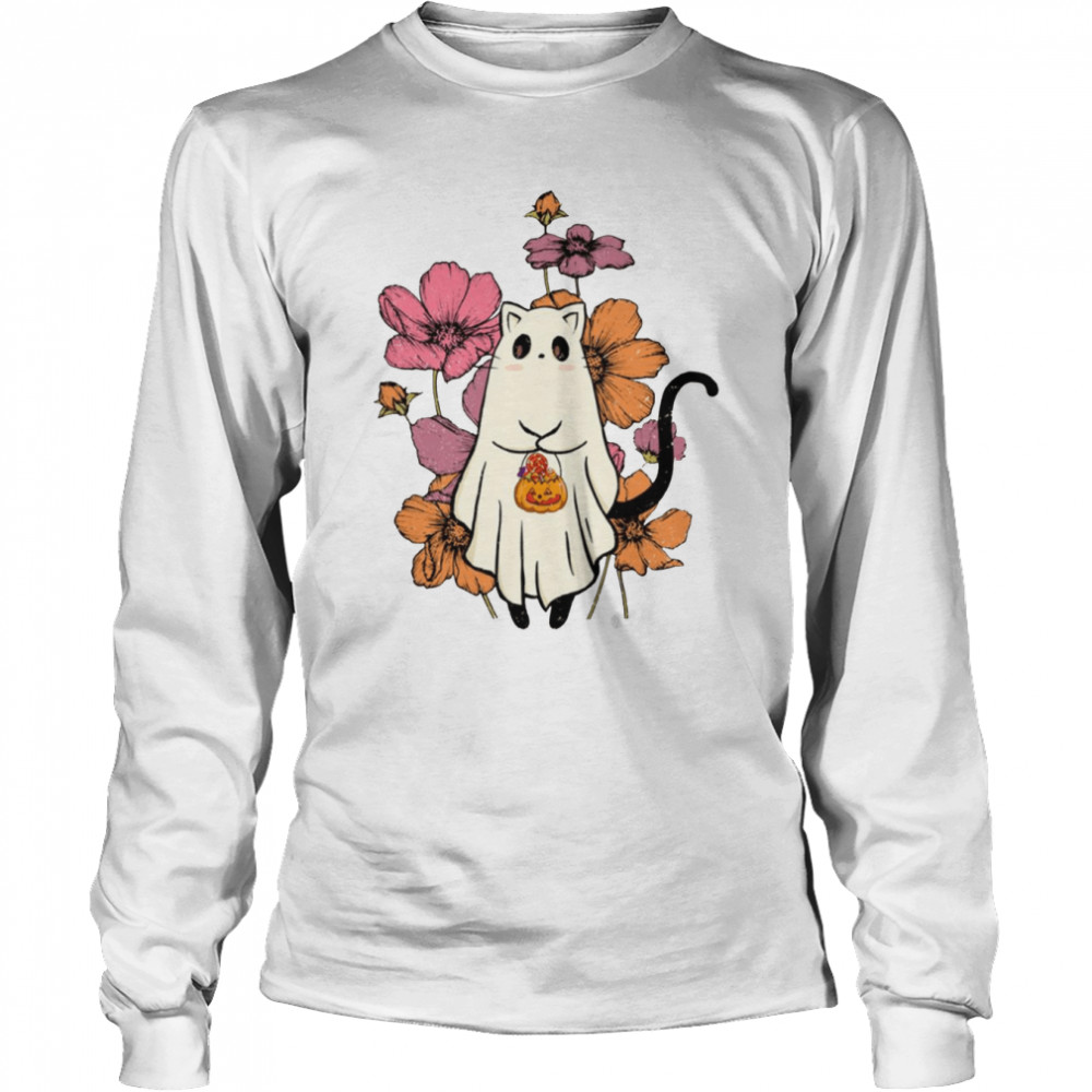 Halloween Trick Or Treat Ghost Cat With Flowers shirt Long Sleeved T-shirt