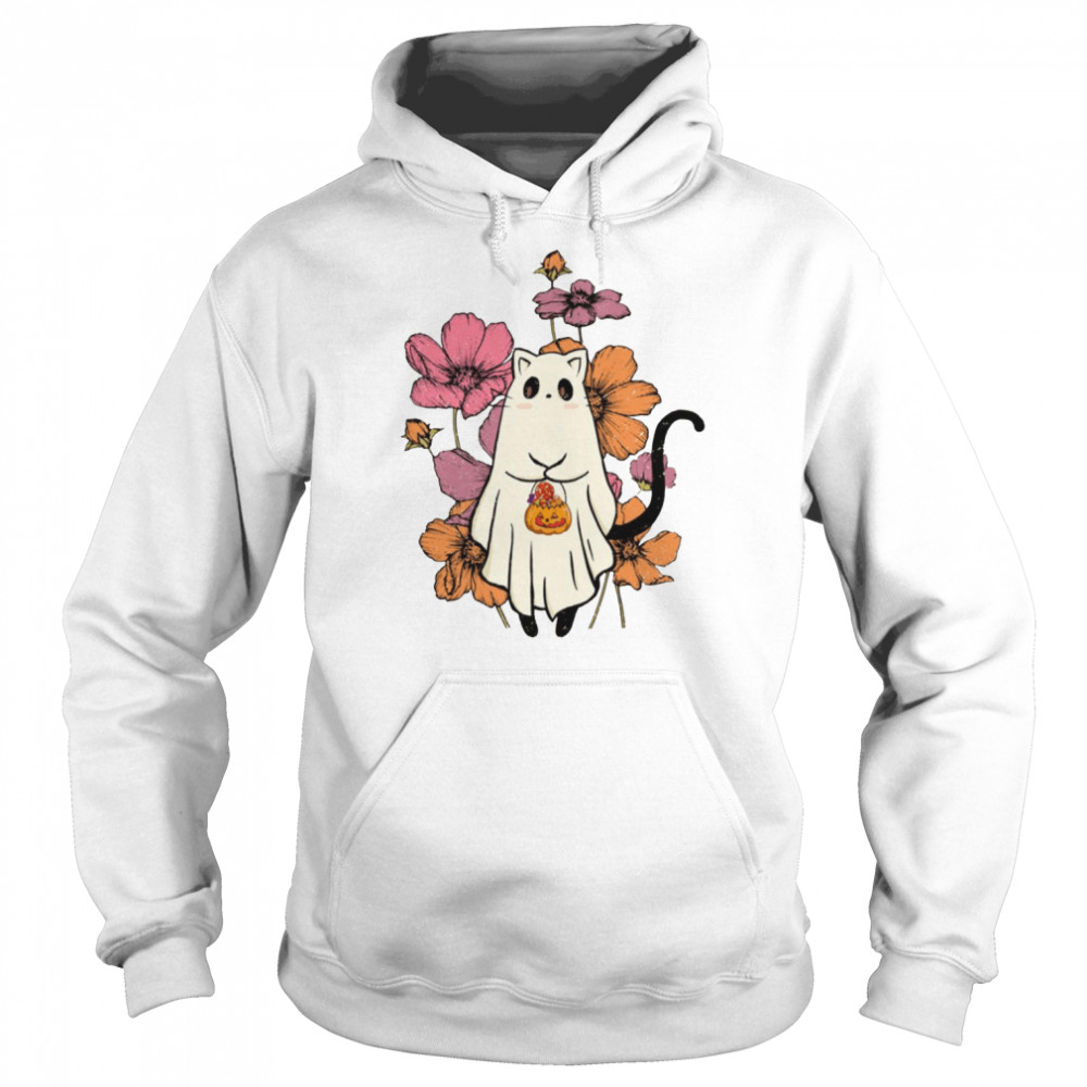 Halloween Trick Or Treat Ghost Cat With Flowers shirt Unisex Hoodie