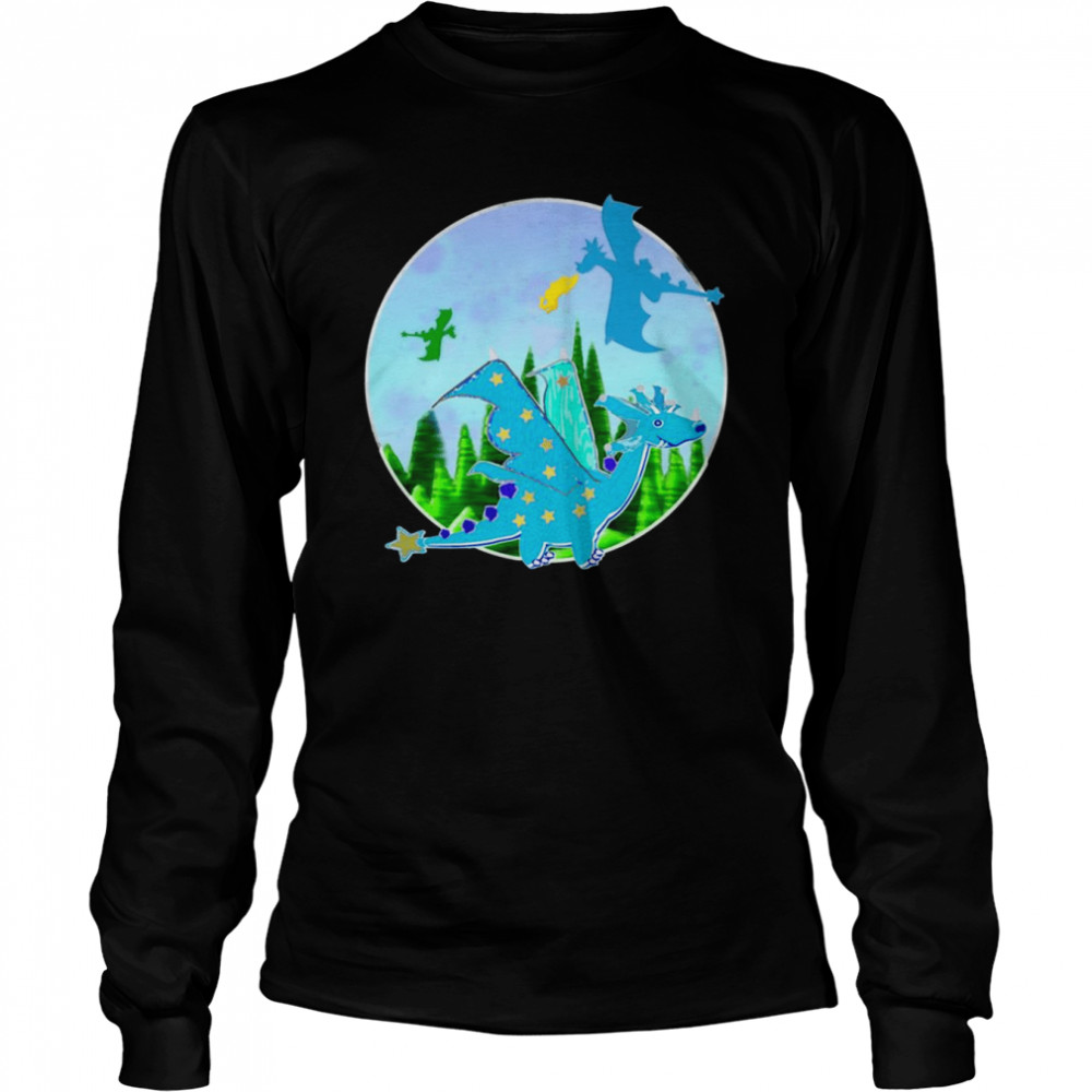 Blue Cartoon Dragon With Stars Wings And Star Tail shirt Long Sleeved T-shirt