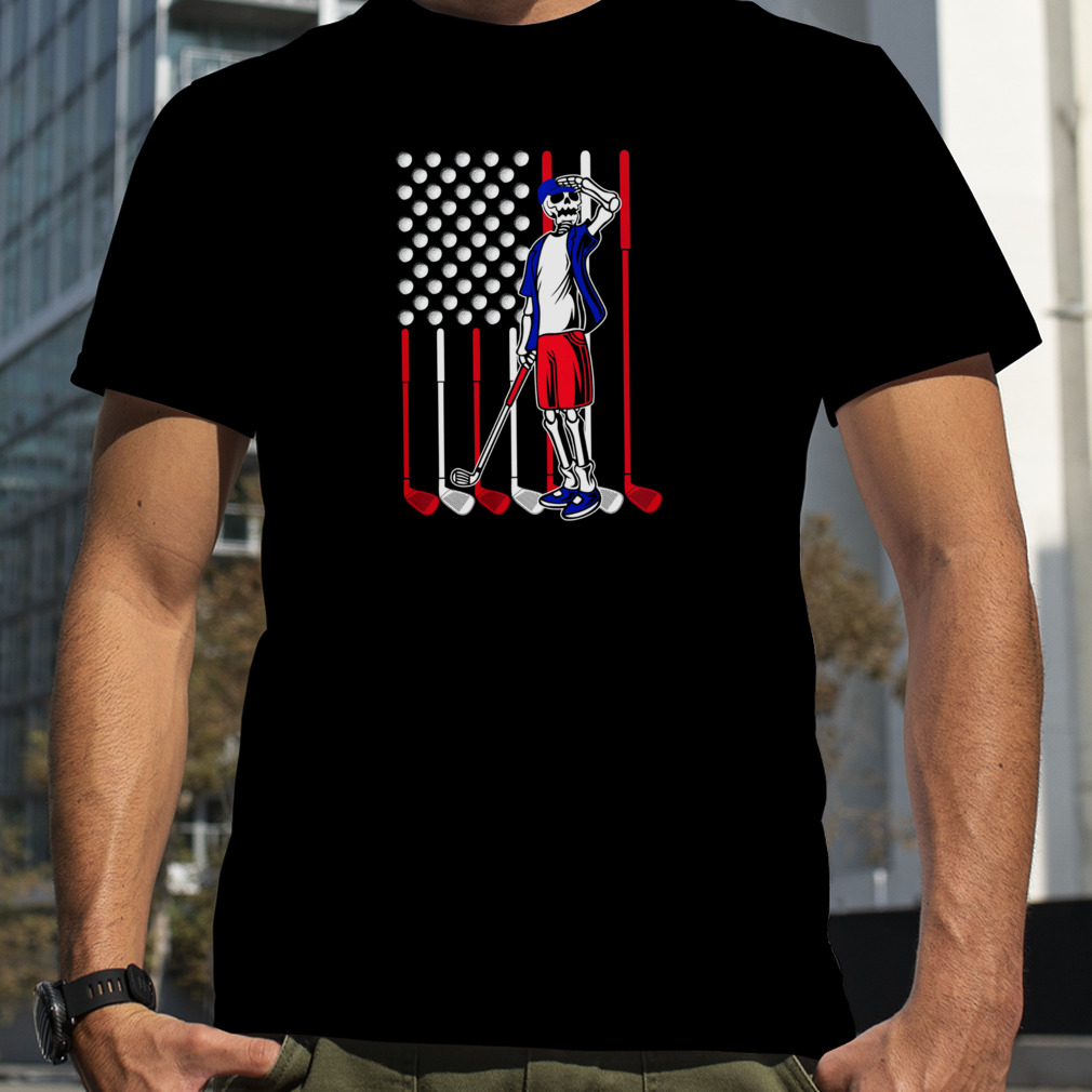 Skeleton Playing Golf With American Flag Shirt