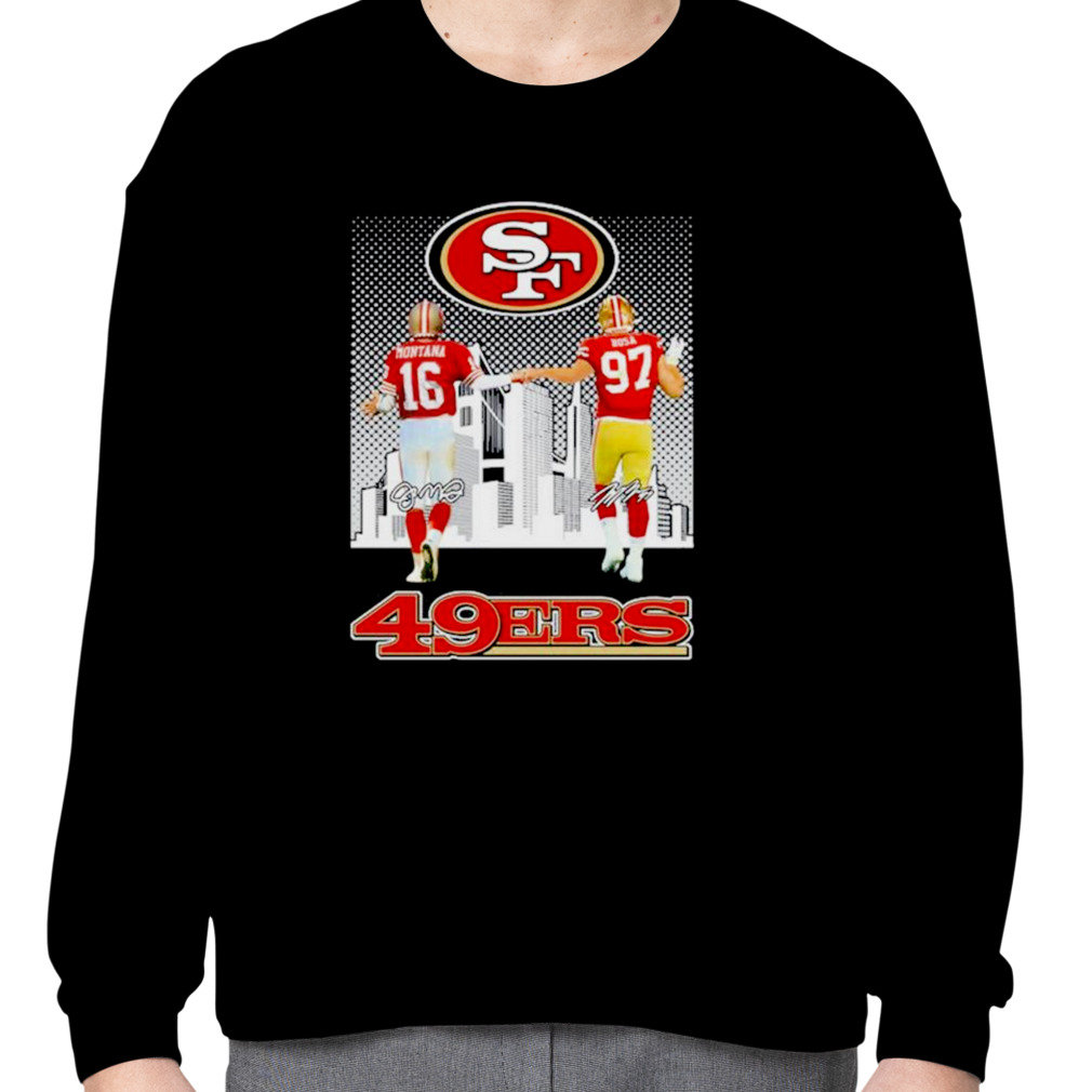 San Francisco 49ers Joe Montana and Nick Bosa city skyline