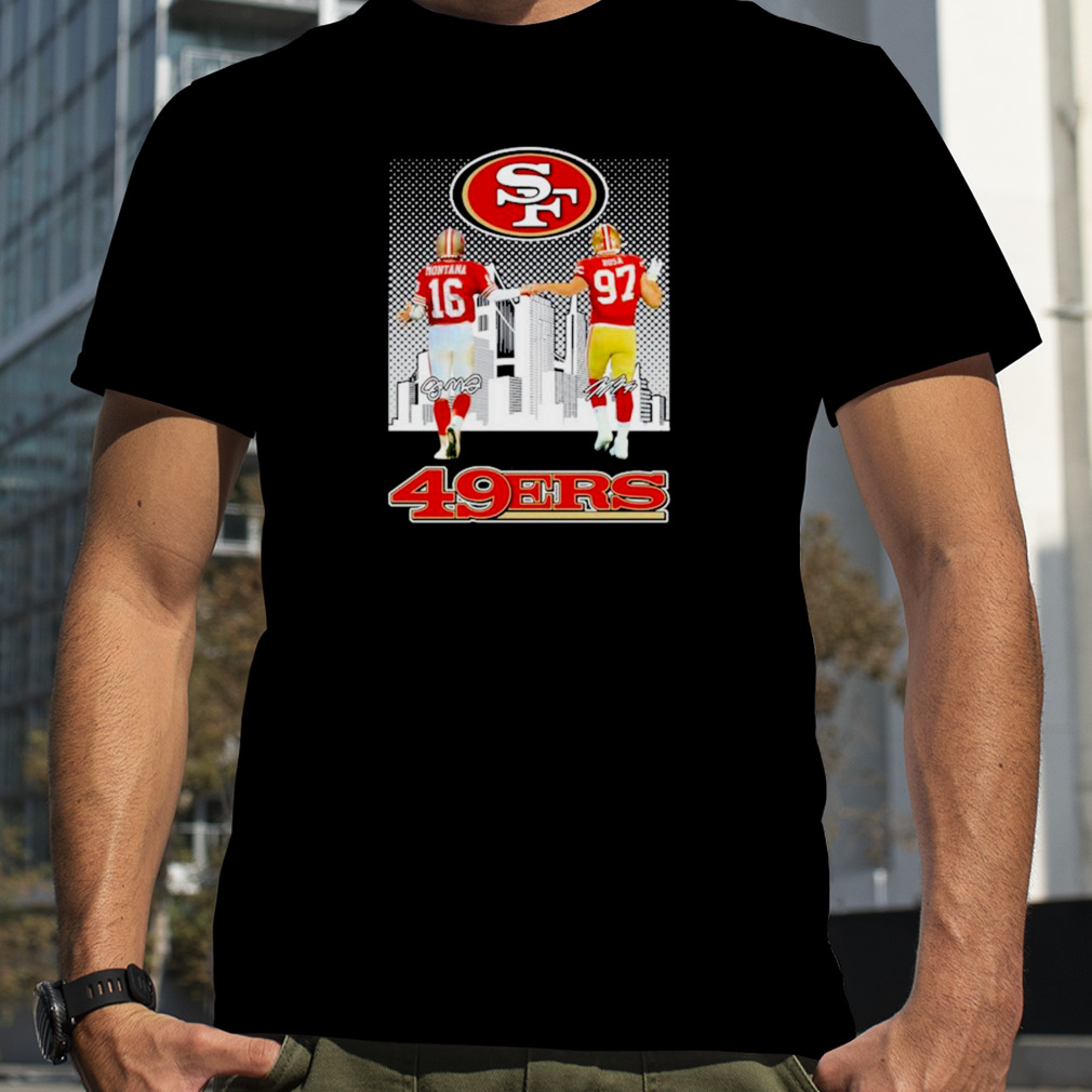 San Francisco 49ers Joe Montana and Nick Bosa city skyline signatures shirt