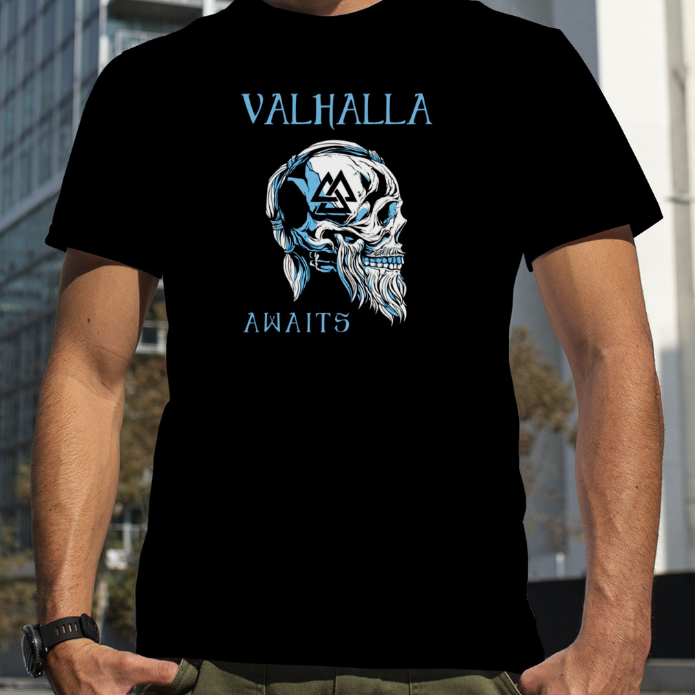 Valhalla Awaits Viking Skull Black And Blue Vikings Valhalla shirt