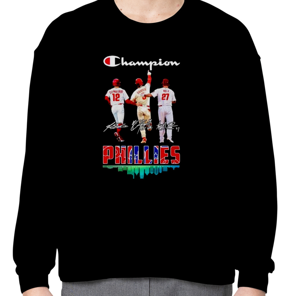 Champion Kyle Schwarber Bryce Harper And Aaron Nola Phillies city line  signature shirt, hoodie, sweater, long sleeve and tank top