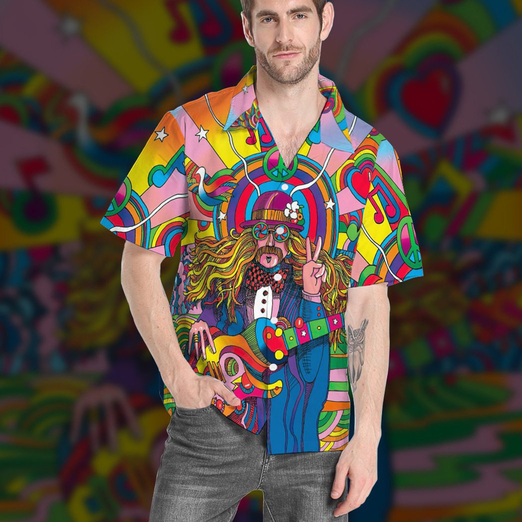 Hippie Psychedelic Guitar Player Hawaiian Shirt