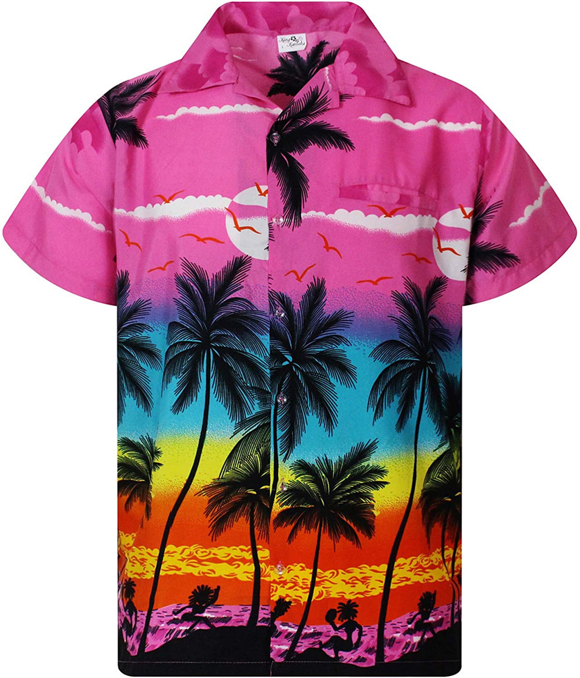 Tropical Beach Palm Sunset Pink Unisex Hawaiian Shirt