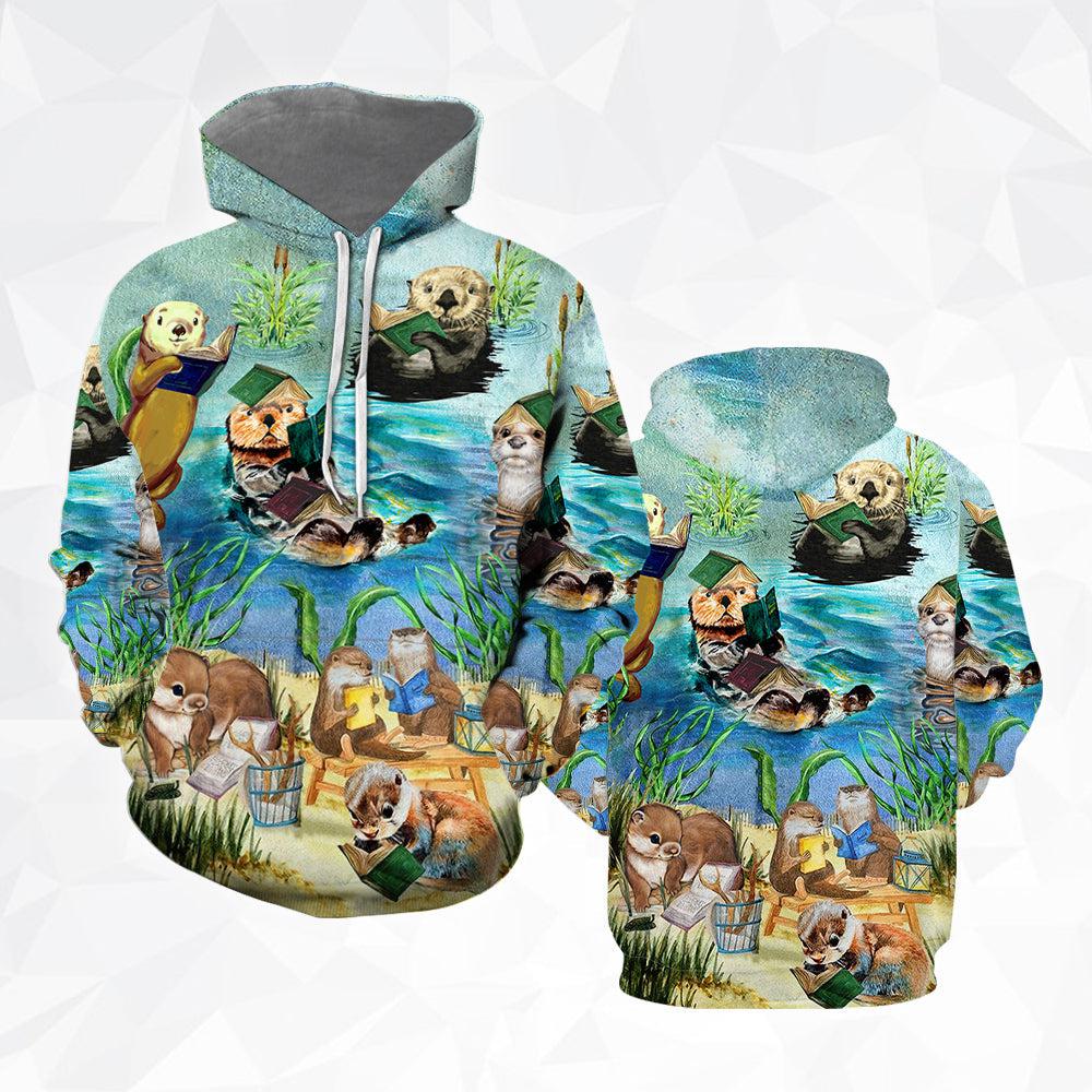 Cute Otter Reading Book 3D Hoodie