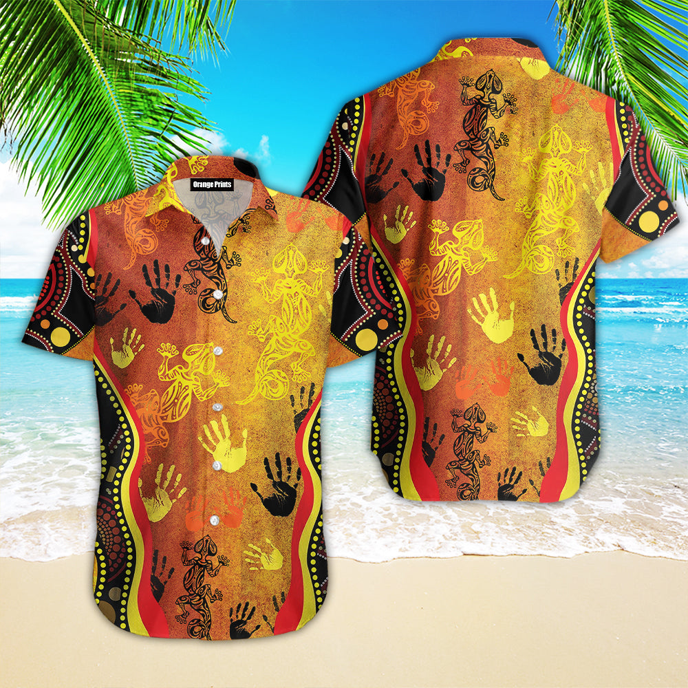 Aboriginal Australia Rock Painting Hand Lizard Art Golden Style Beach Hawaiian Shirt  For Men & Women  HW3397