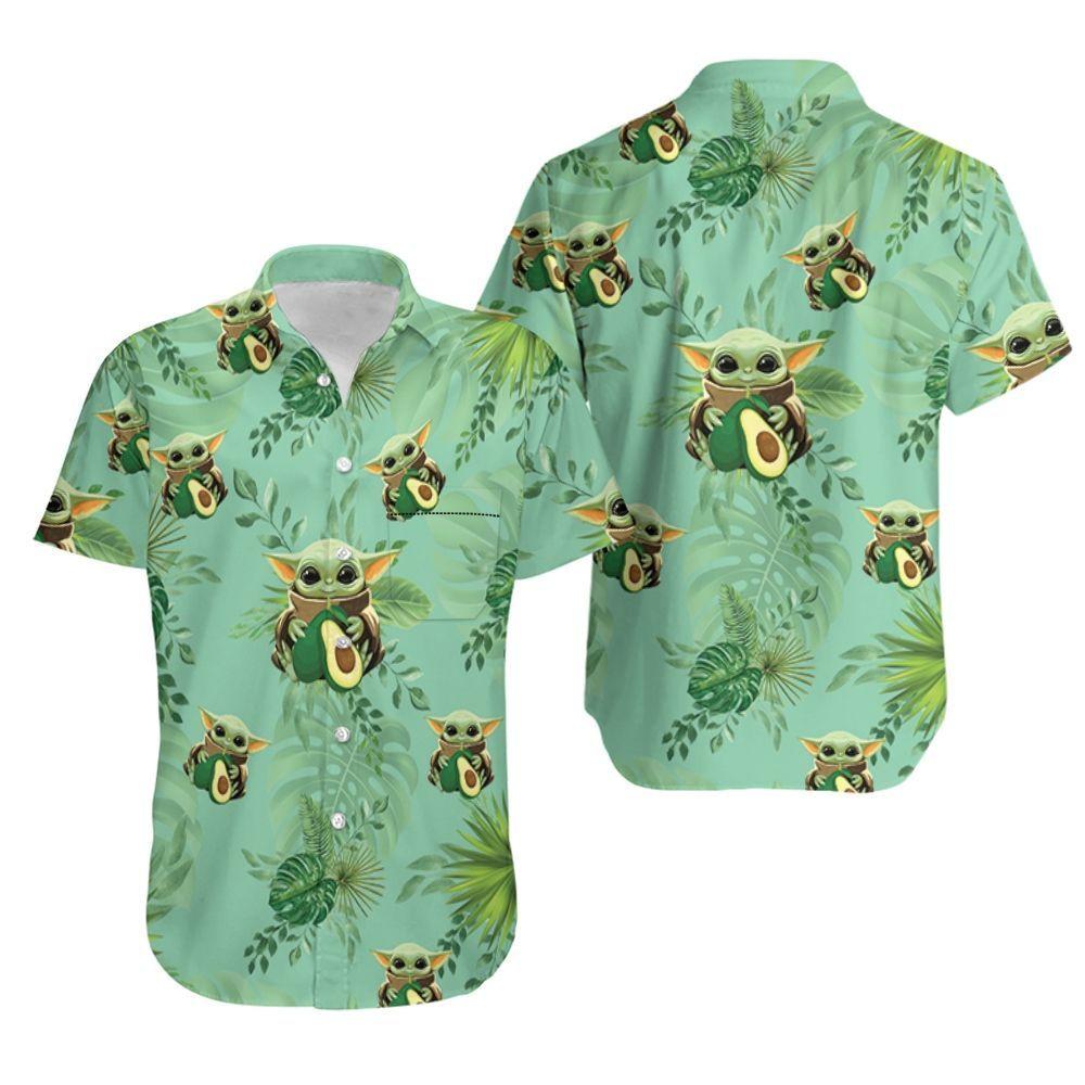 Baby Yoda Hugging Avocadoes Seamless Tropical Green Hawaiian Shirt