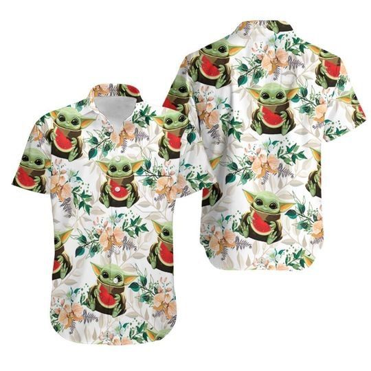 Baby Yoda Hugging Watermelons Seamless Tropical Colorful Flowers On White Hawaiian Shirt