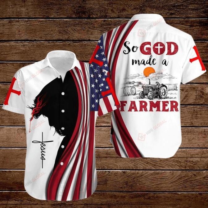 Cross Jesus Bible American Flag Tractor Farmer So God Made A Farmer Hawaiian Shirt