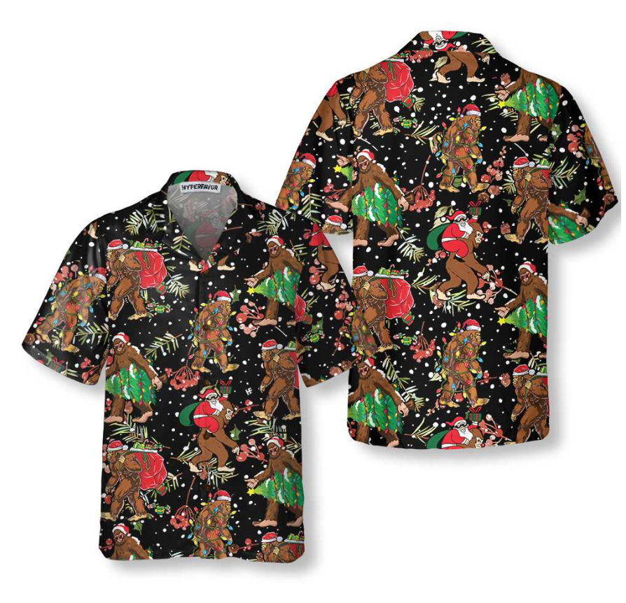 Bigfoot Santa Claus With Christmas Pattern Hawaiian Shirt