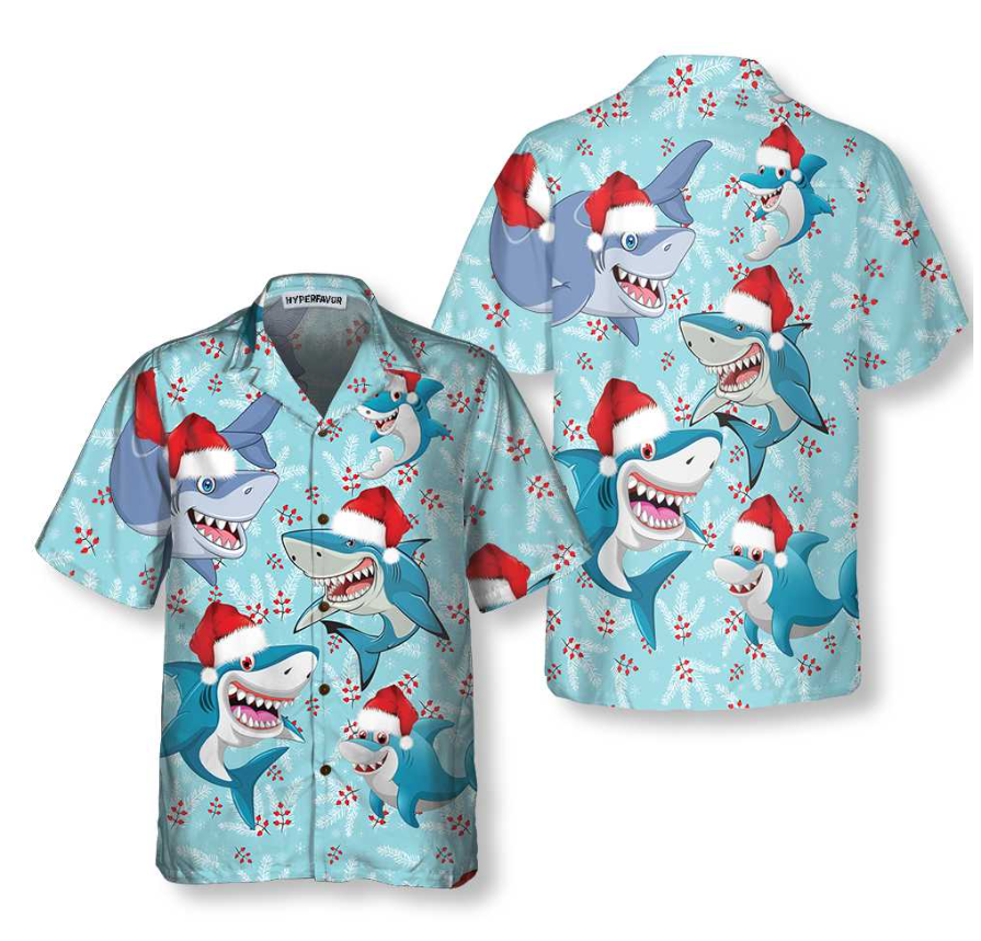 Merry Christmas Shark Santa Hat Christmas Hawaiian Shirt