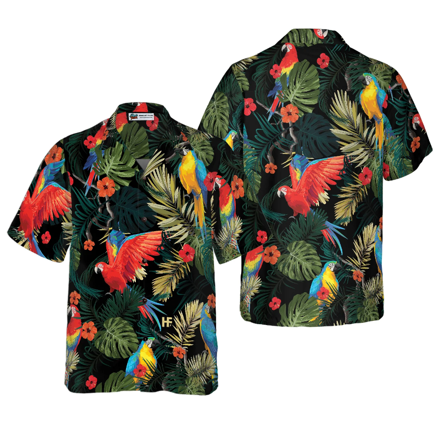 Parrots Dark Tropical Pattern Hawaiian Shirt