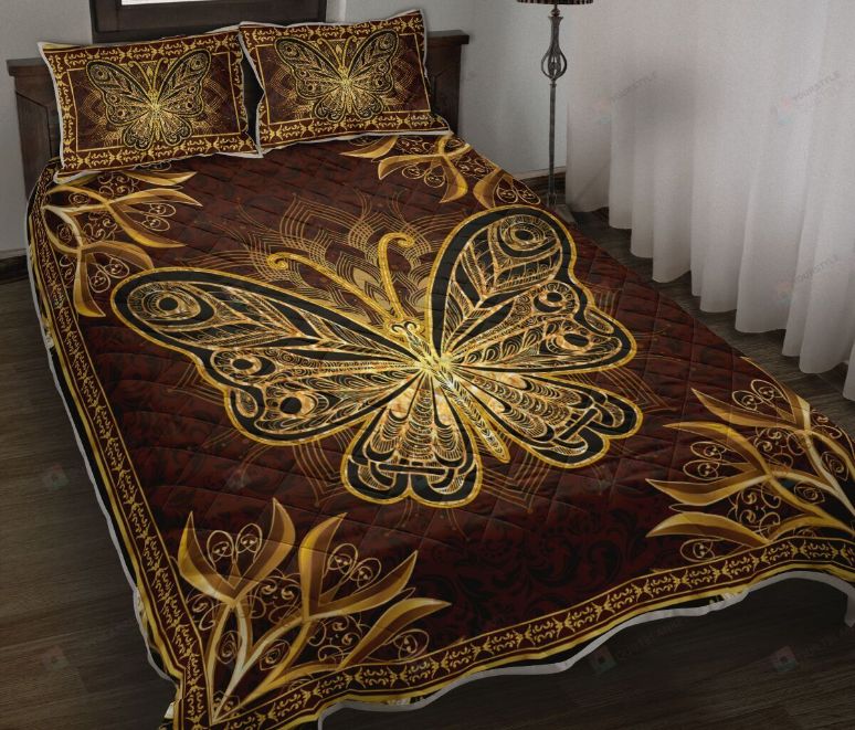 Butterfly Floral Mandala Gold Quilt Bedding Set