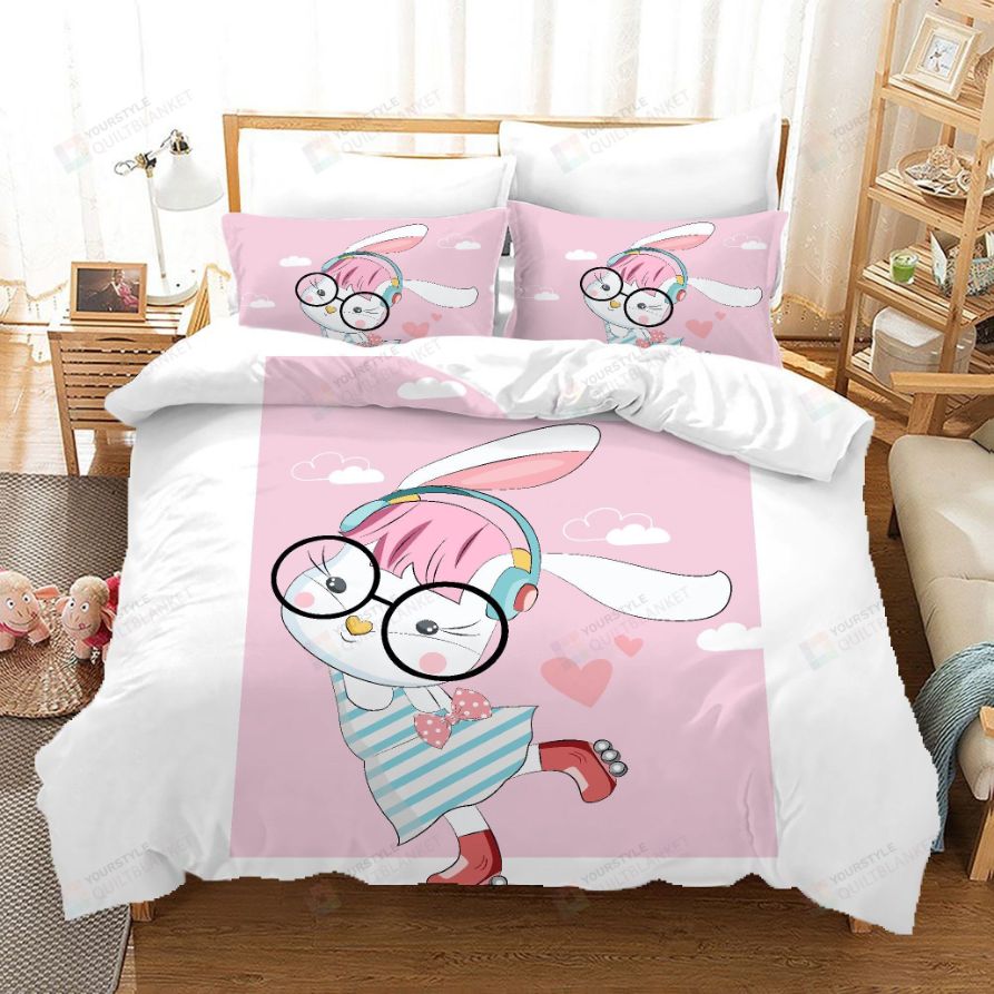 Cartoon Rabbit Pink Quilt 3D Bedding Set