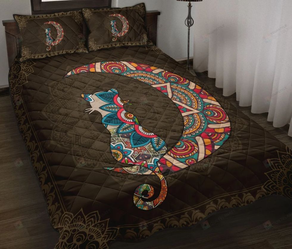 Cat And Moon Mandala Quilt Bedding Set