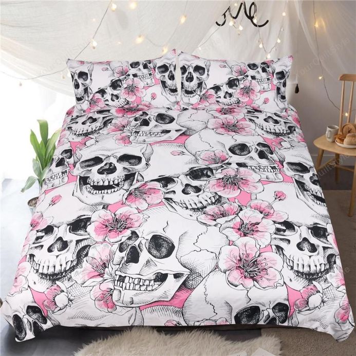 Skull Cherry Blossoms Pattern Bedding Set