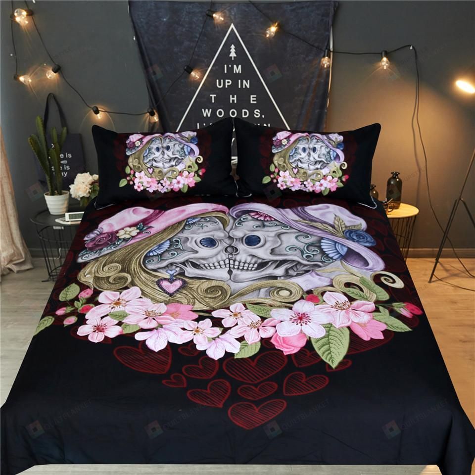 Skull Couples Floral And Pillowcases Bedding Set