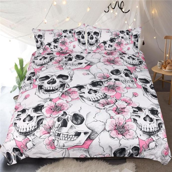 Skull Pink Floral Pattern Bedding Set