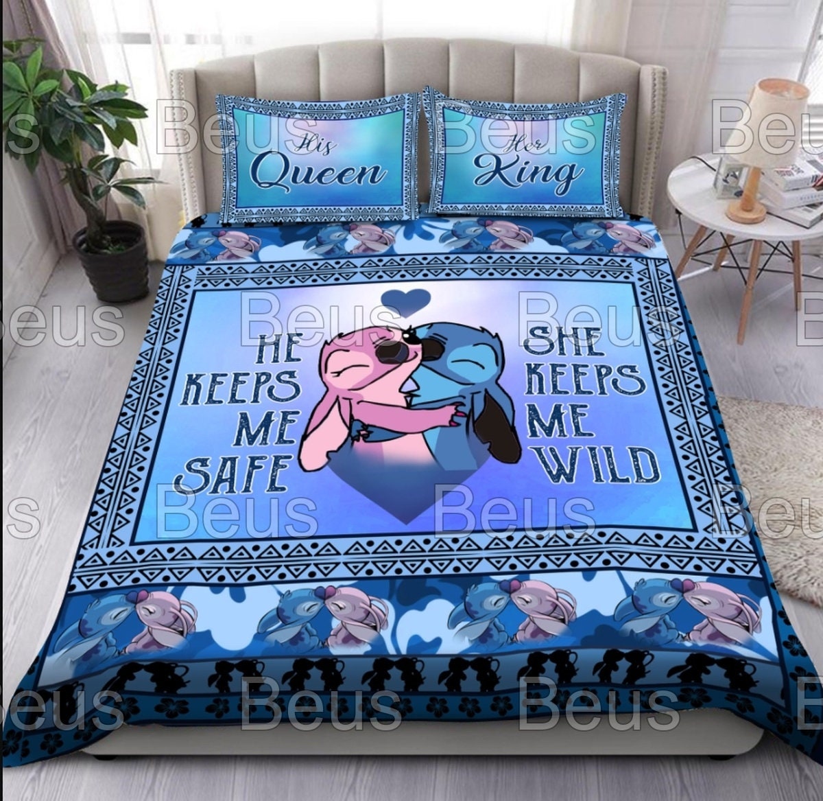 Stitch And Angel Disney Cute Couple He Keeps Me Safe She Keeps Me Wild Bedding Set