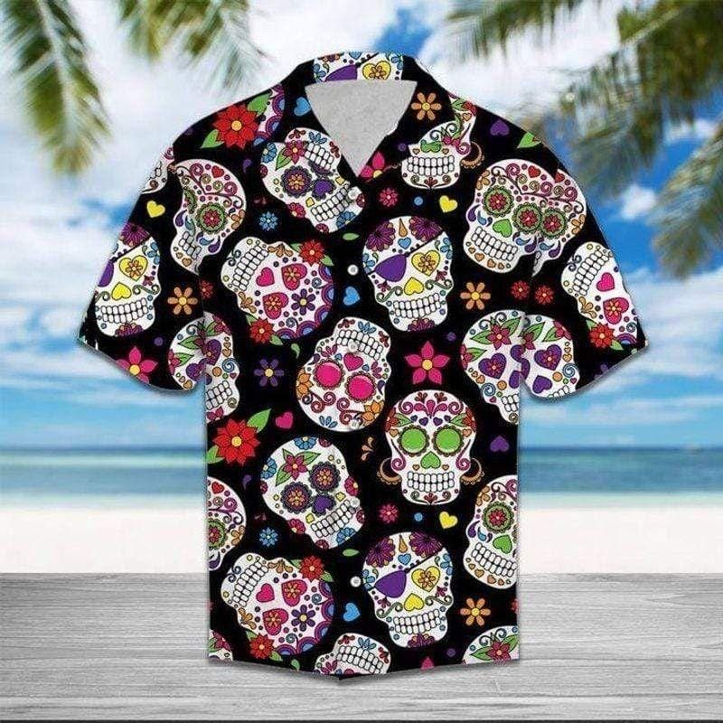 Floral Calavera Skull Wearing Sun Glasses Tropical Hawaiian Aloha Shirt