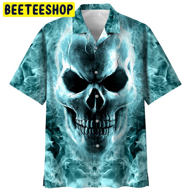 Blue Fire Skull 3d All Over Printed Trending Hawaiian Shirt-1