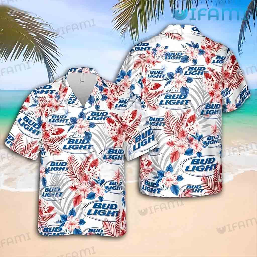 Bud Light Hawaiian Shirt Red Hibiscus Floral Beer Lovers Gift