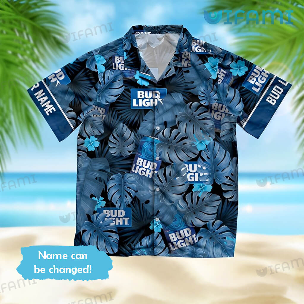 Bud Light Hawaiian Shirt Tropical Leaves Custom Name Beer Lovers Gift