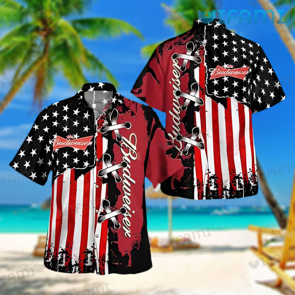 Budweiser Hawaiian Shirt Usa Flag Stitches Beer Lovers Gift