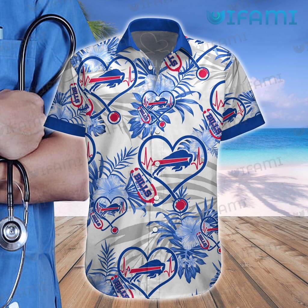 Buffalo Bills Hawaiian Shirt Heartbeat Nurse Love Bills Hibiscus Palm Leaf Buffalo Bills Gift