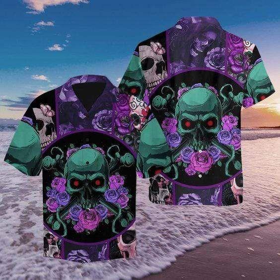 Buy Hawaiian Shirts Skull Purple Rose